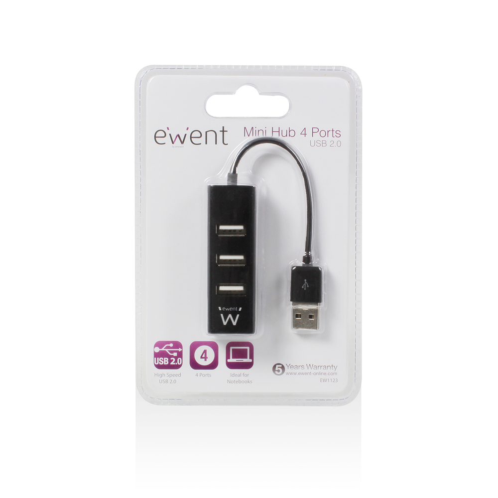 EWENT Hub USB-A (M) - 4 x USB-A (F) 2.0, Cabo de 12 cm, Preto
