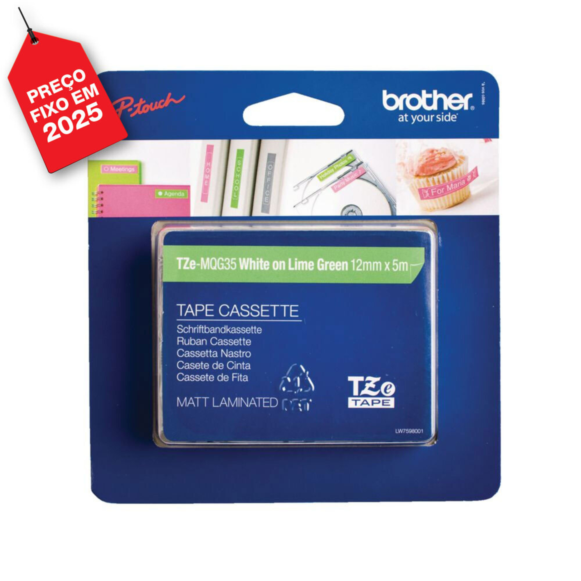 Fita Brother Tze-Mqg35 12mm Branco / Verde