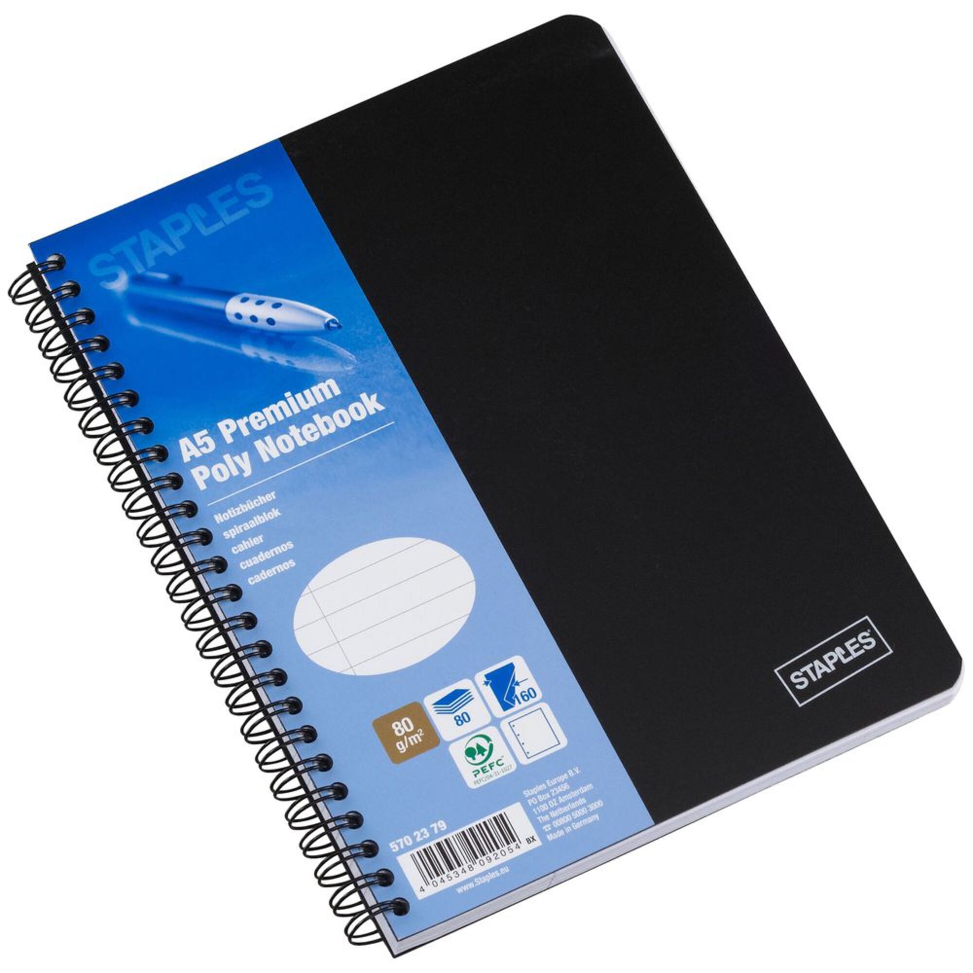 Staples Caderno Espiral, A5, 80 Folhas, Pautado, Polipropileno, Preto