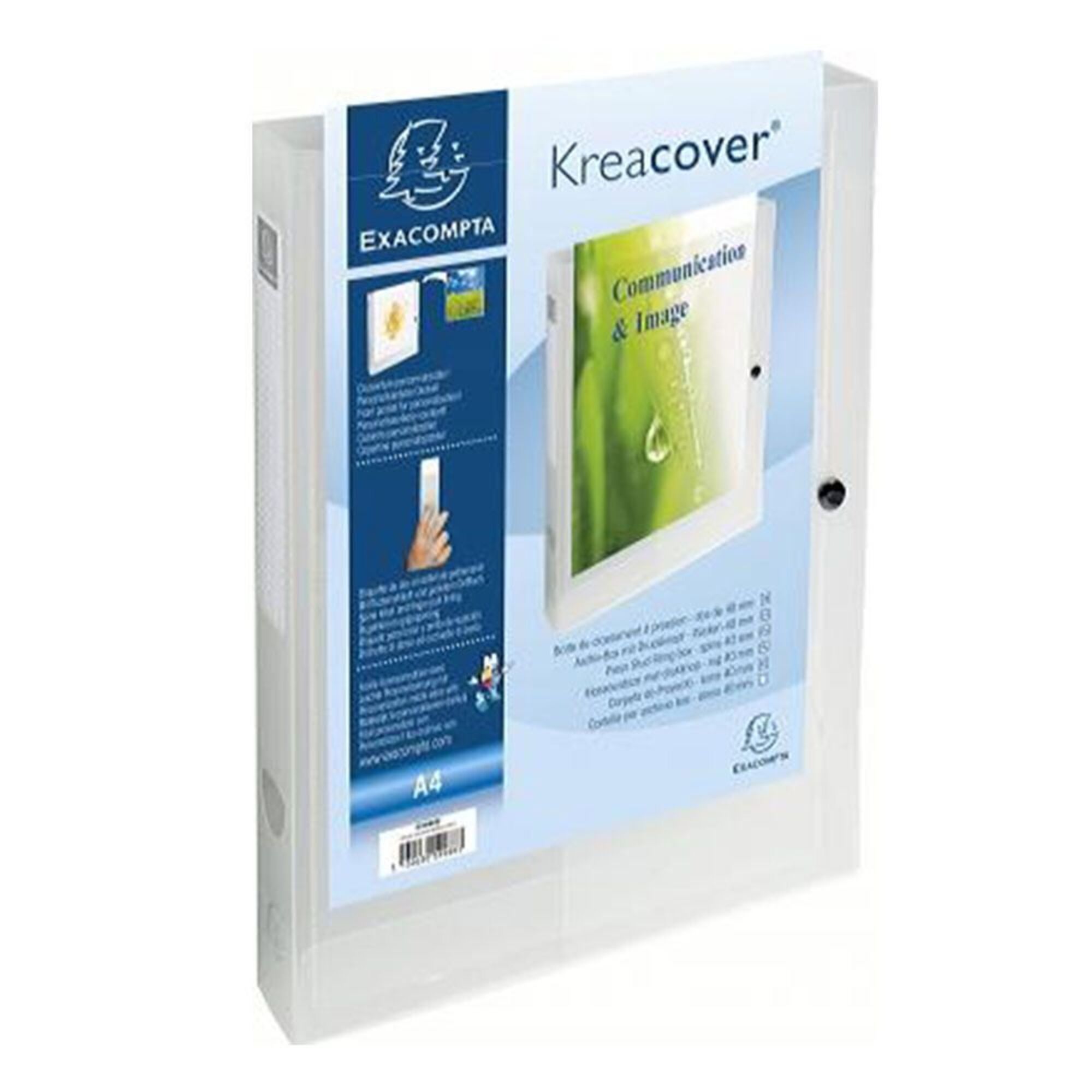 Caixa de Arquivo A4 Kreacover® com Botão de Fecho e Bolso Transparente na Parte da Frente, 240 x 330 x 40 mm, Polipropileno da Chromaline, Transparente, Branco