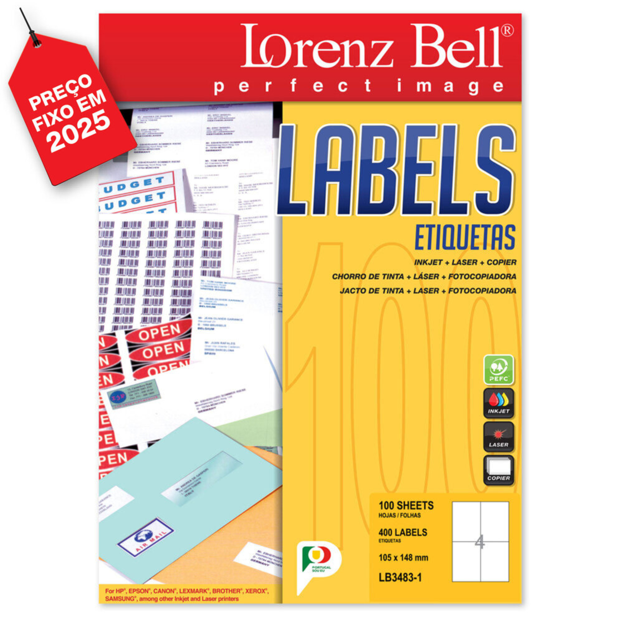 LORENZ BELL Etiquetas Auto-Adesivas, 105 x 148 mm, 4 Etiquetas/Folha, Branco, Caixa de 100 Folhas