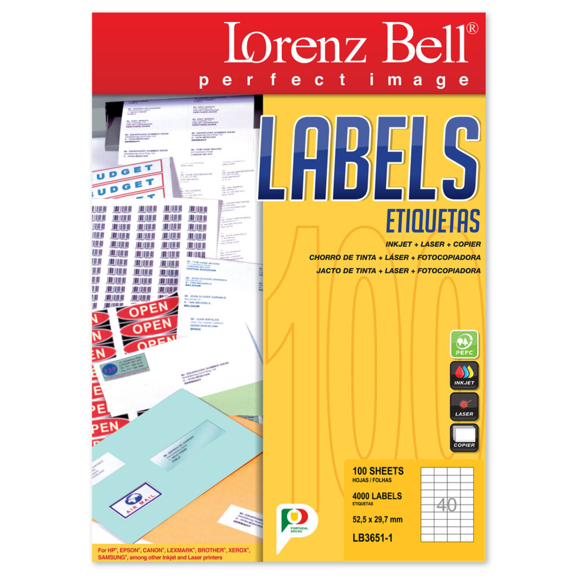 LORENZ BELL Etiquetas Auto-Adesivas, 52,5 x 29,7 mm, 40 Etiquetas/Folha, Branco, Caixa de 100 Folhas