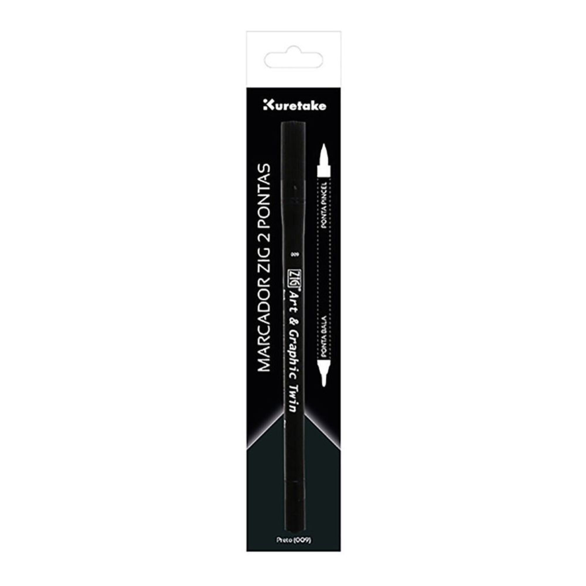 ZIG WATERCOLOUR SYSTEM Marcador 2 Pontas Art & Graphic Twin, Ponta Bala e Ponta Pincel, Preto