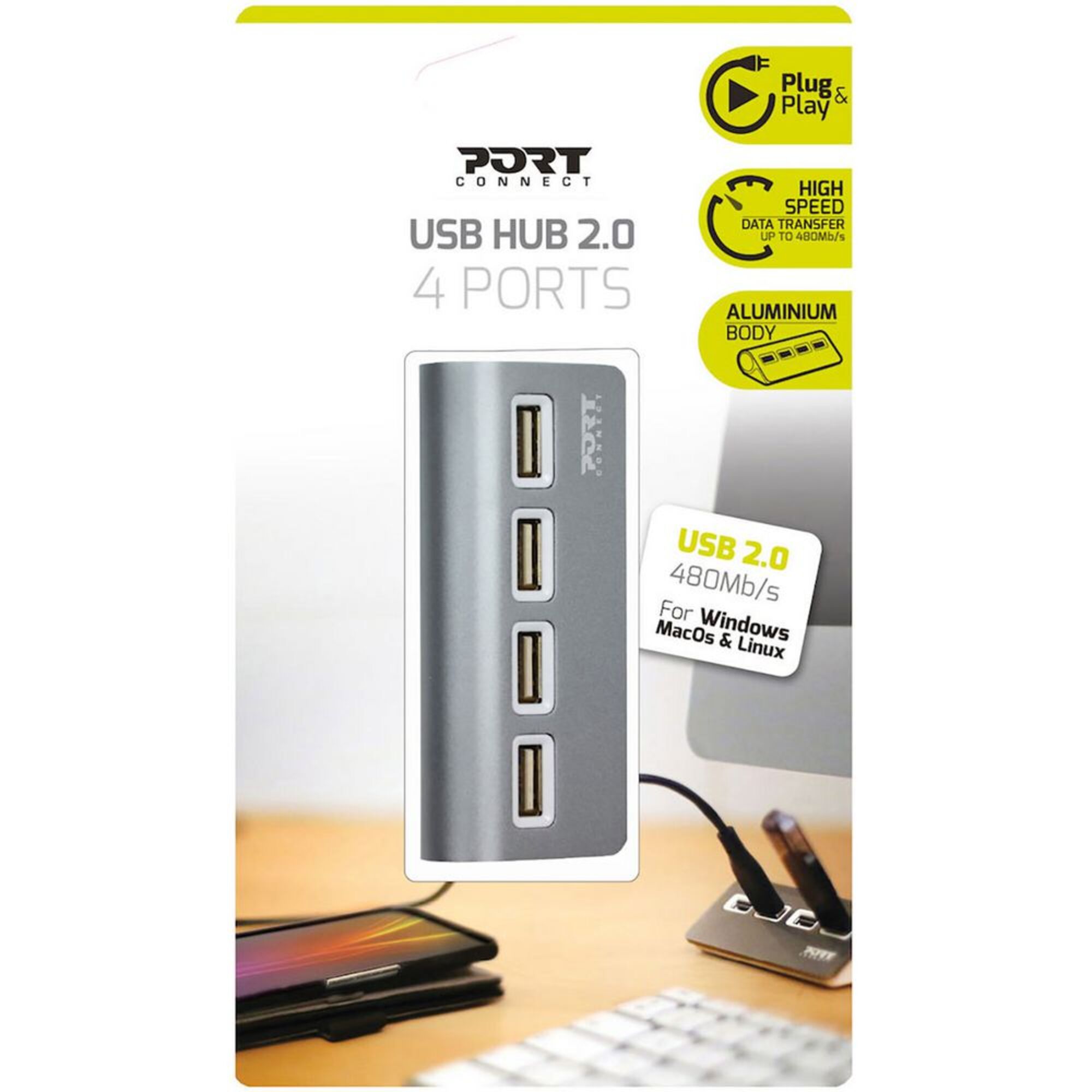 PORT DESIGNS Hub USB 2.0 com 4 Portas, Cinzento 553383 em staples.pt.