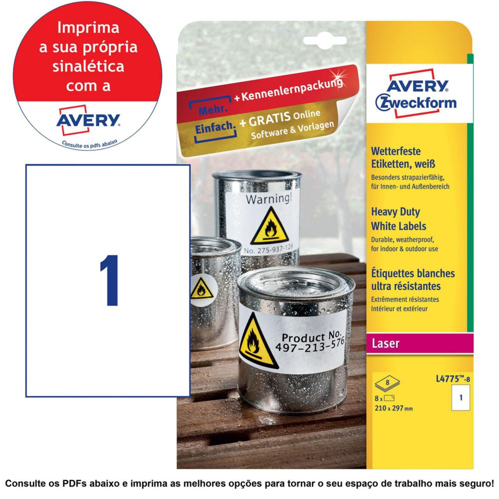 Etiquetas de Utilização Intensiva Heavy Duty L4775, 210 x 297 mm, 8 Folhas, 1 Etiqueta por Folha, Autocolante Permanente, Branco