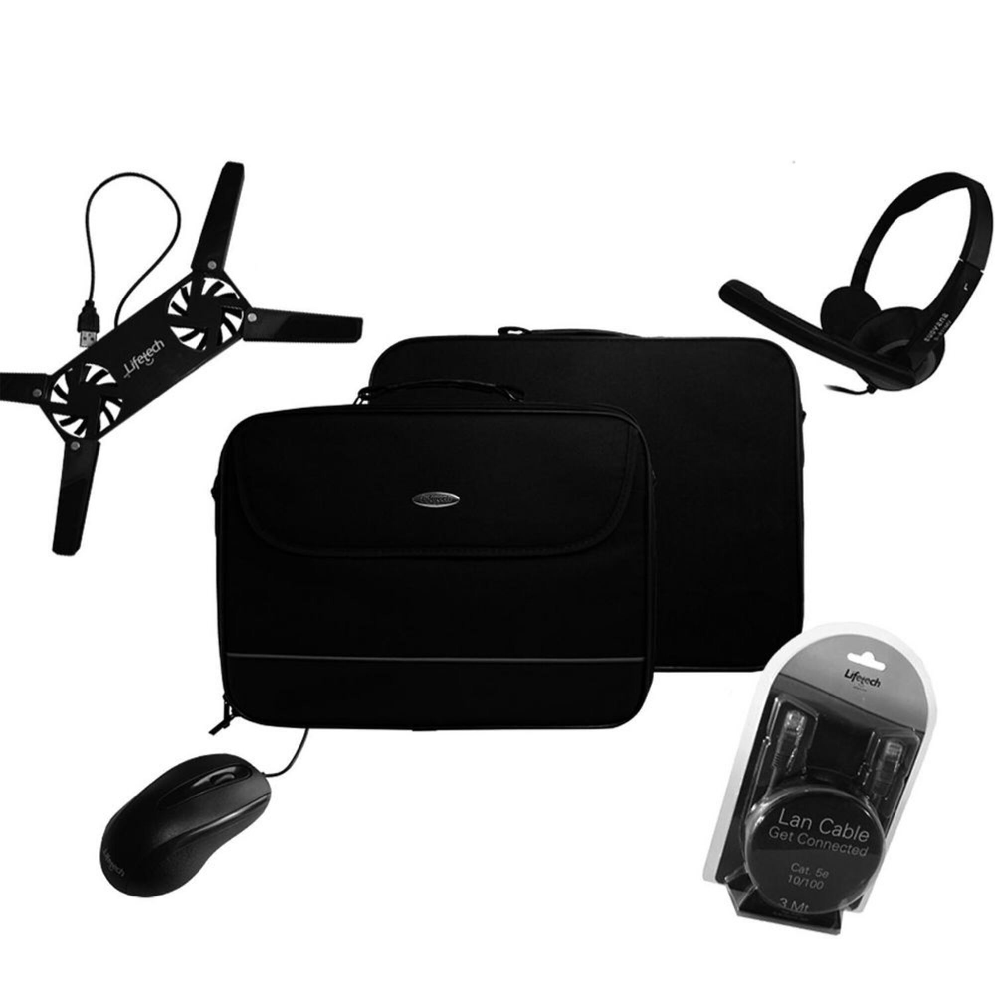 Kit Profissional de Auricular, Cabo de Rede, Rato, Dissipador e Mala para Portátil