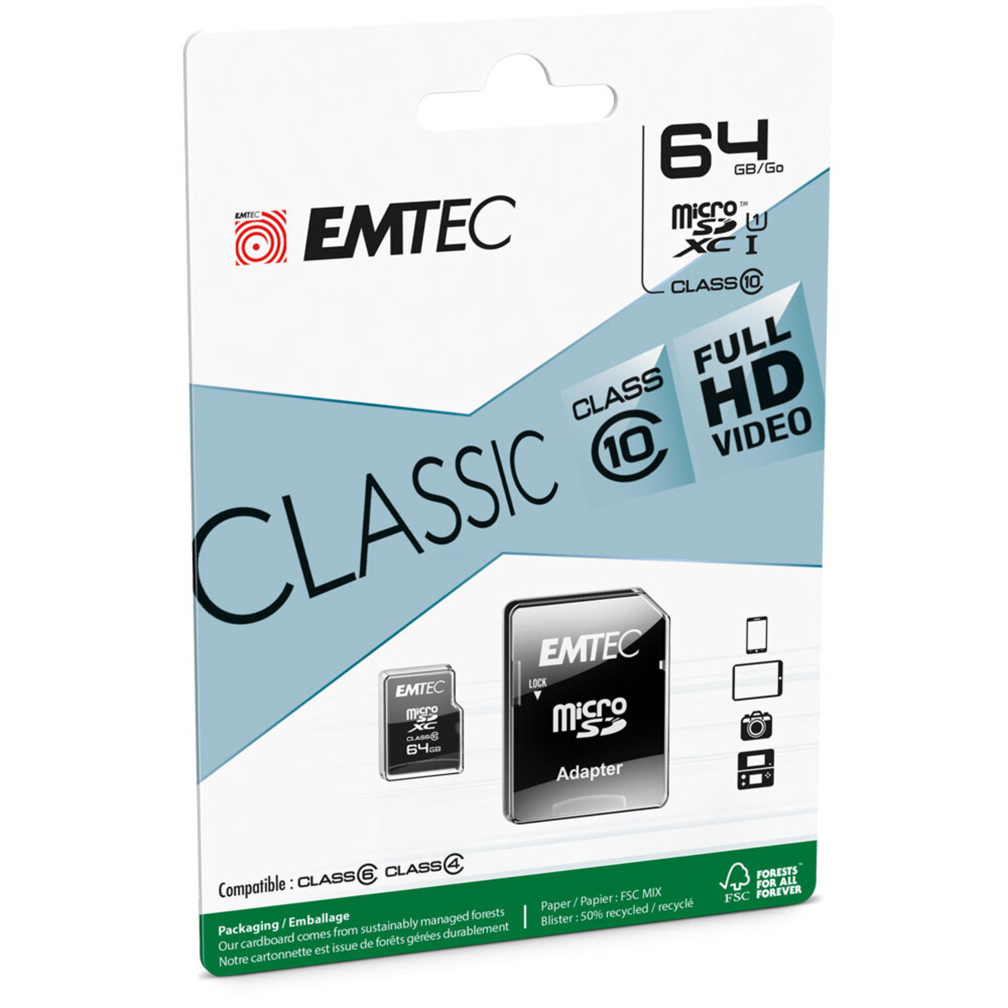 Cartão de Memória microSDXC™ Classic Class 10, 64 GB, 20 Mbps Velocidade Leitura, com Adaptador