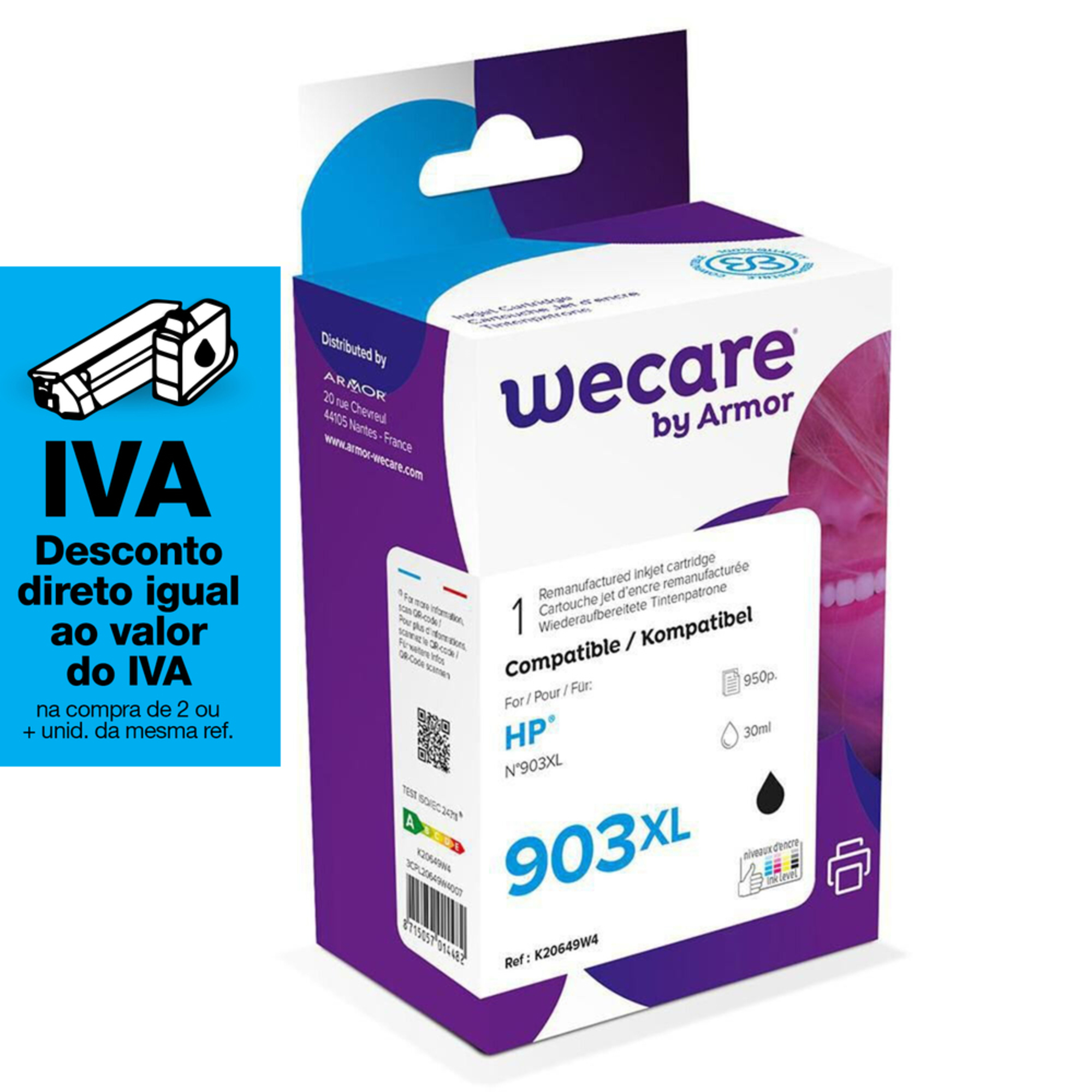 Tinteiro refabricado, compatível com  HP 903XL, T6M15AE, preto embalagem Única