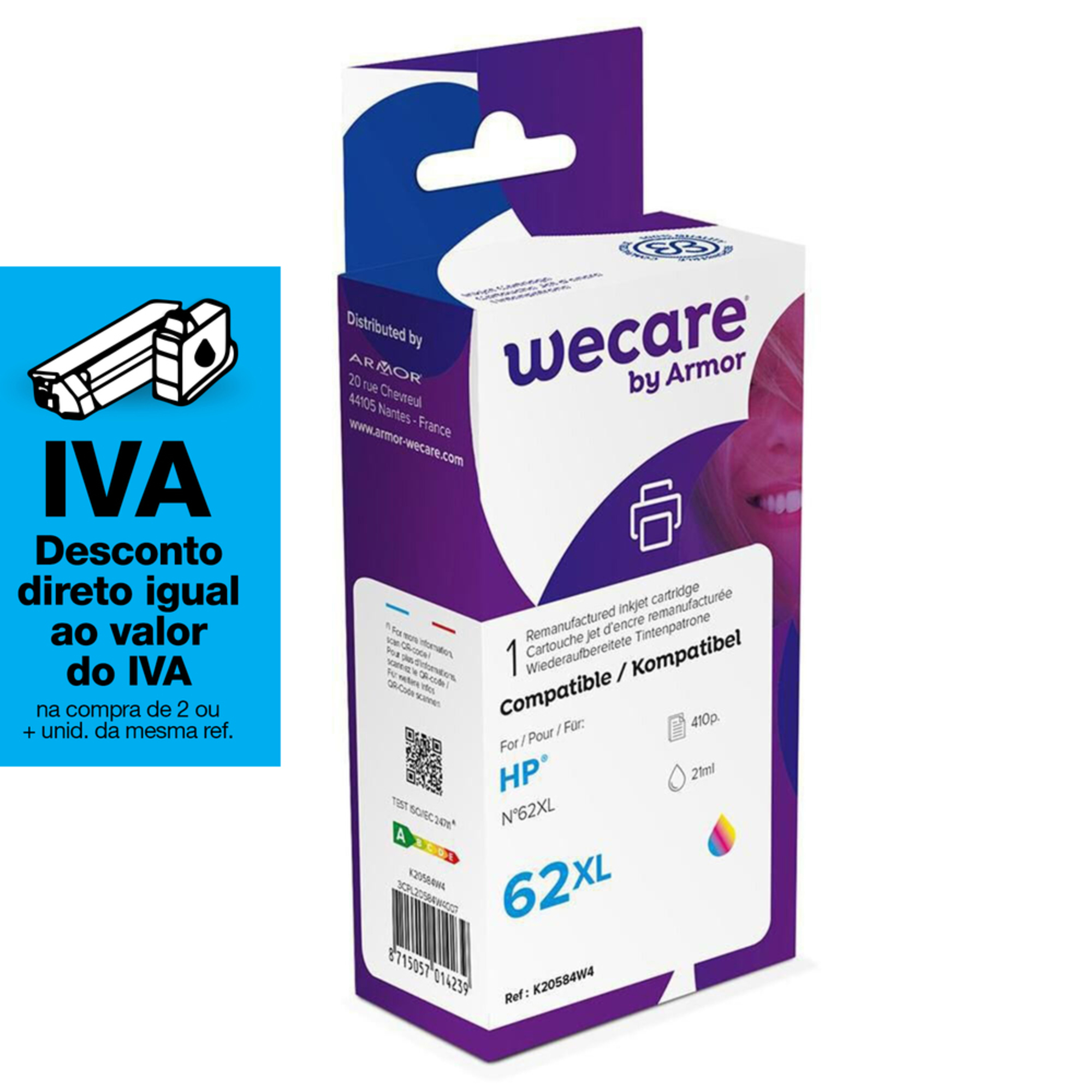 Tinteiro refabricado, compatível com  HP 62XL 3C, C2P07AE, 3 cores embalagem Única