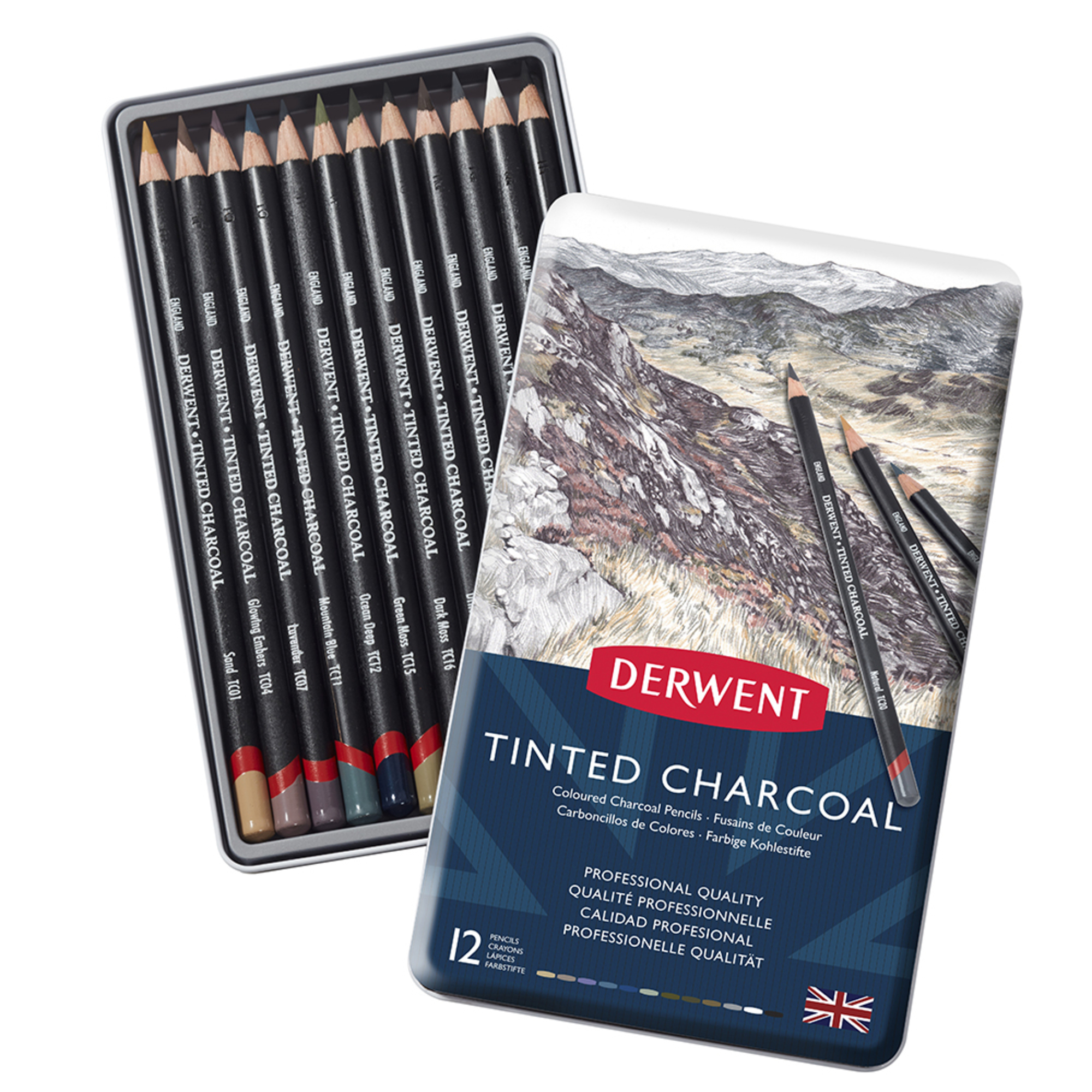 Lápis de Carvão com Cor, 12 Unidades, Caixa de Metal