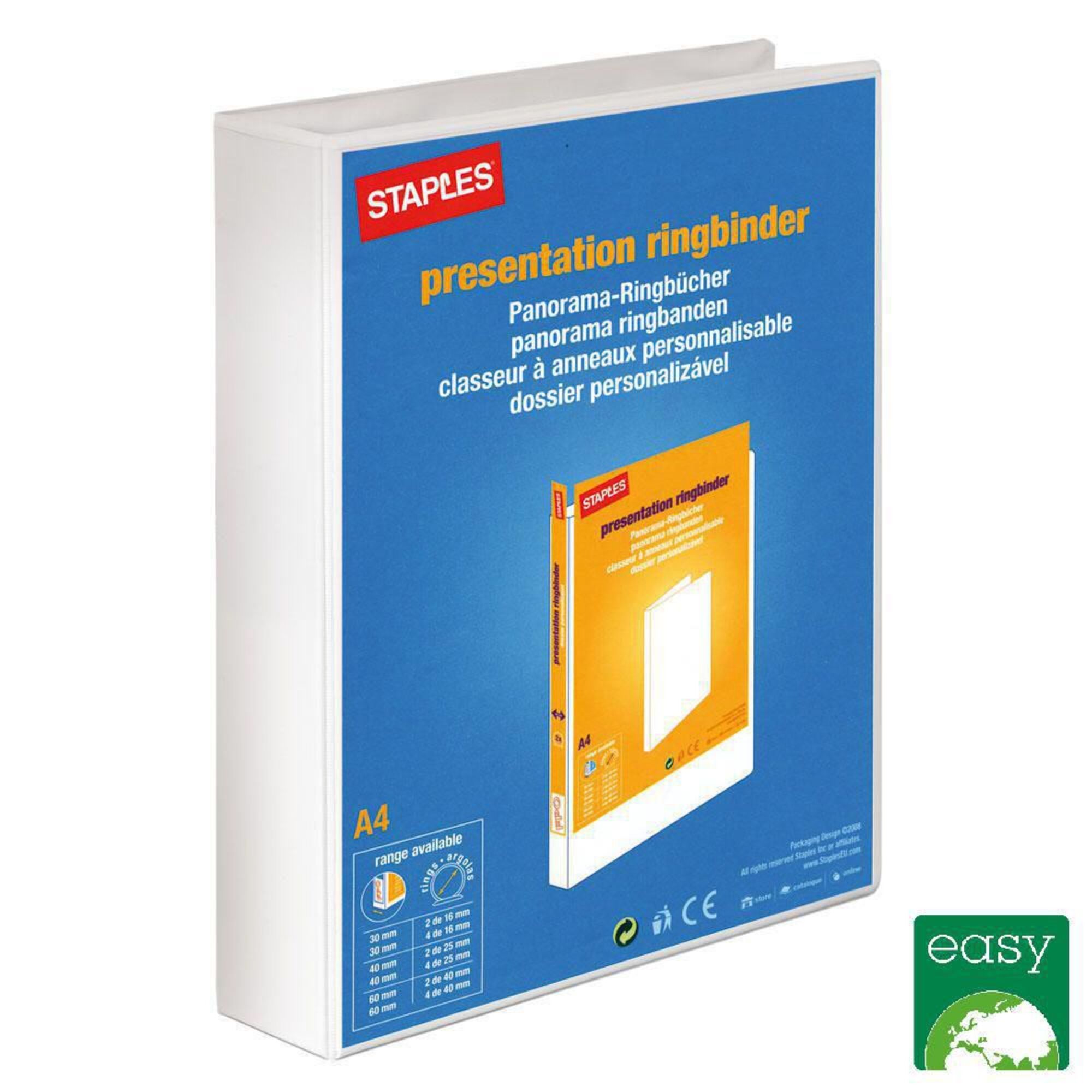 Staples Dossier de Apresentação Personalizável, A4, Lombada de 60 mm, Forrada a Plástico, Branco