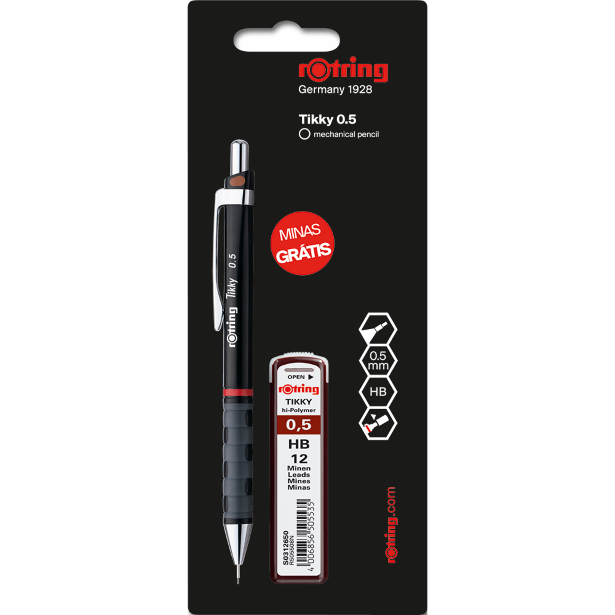 Rotring Lapiseira Tikky, Corpo Preto, Com 12 Minas HB 0,5 Mm - 723357 ...