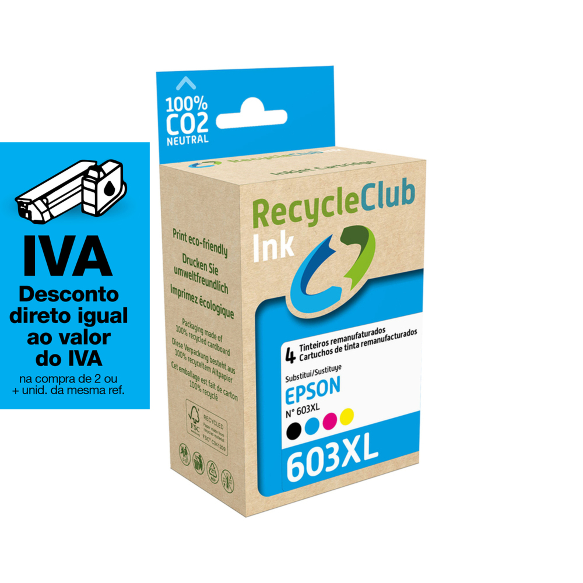 RECYCLECLUB Tinteiro Remanufaturado Compatível com Epson 603XL, Pack 4, Preto, Amarelo, Azul e Magenta, K10539RC