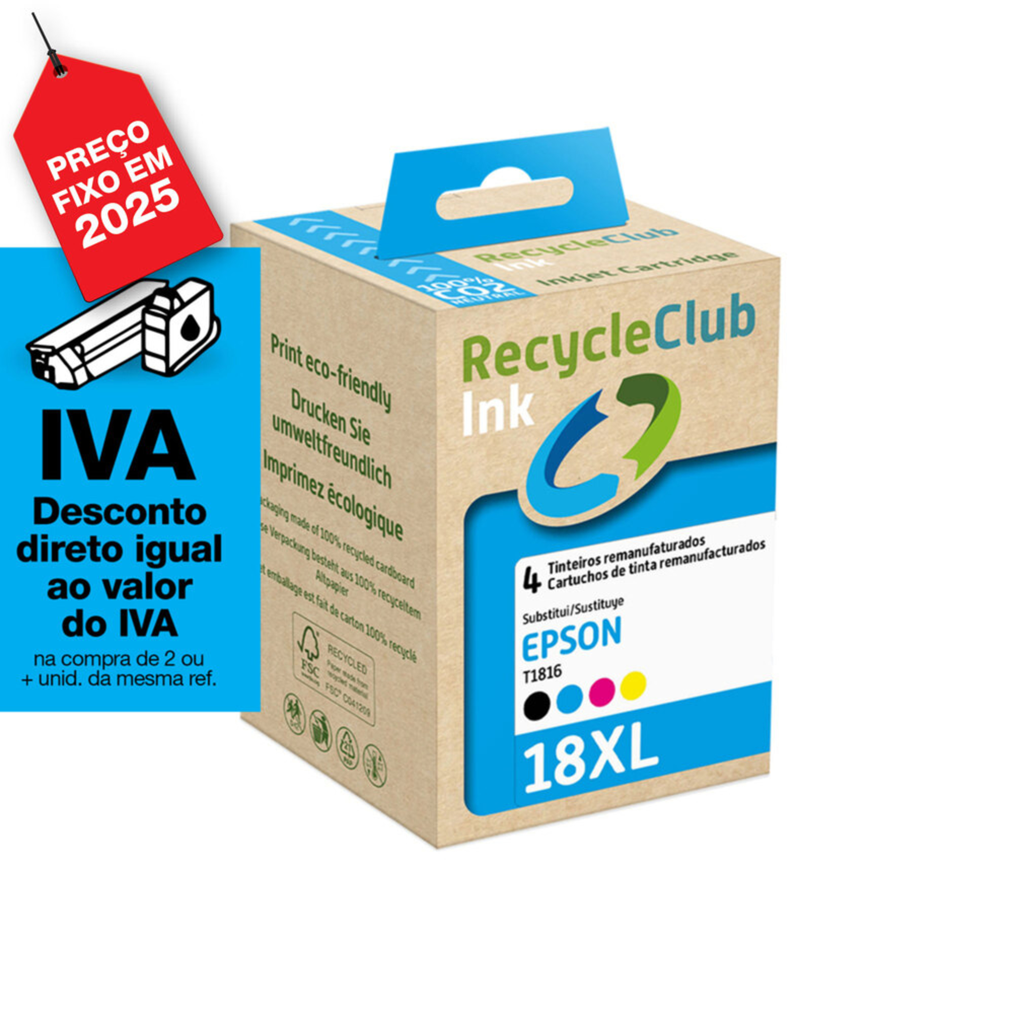 RECYCLECLUB Tinteiro Remanufaturado Compatível com Epson 18XL, Pack 4, Preto, Amarelo, Azul e Magenta, K10339RC