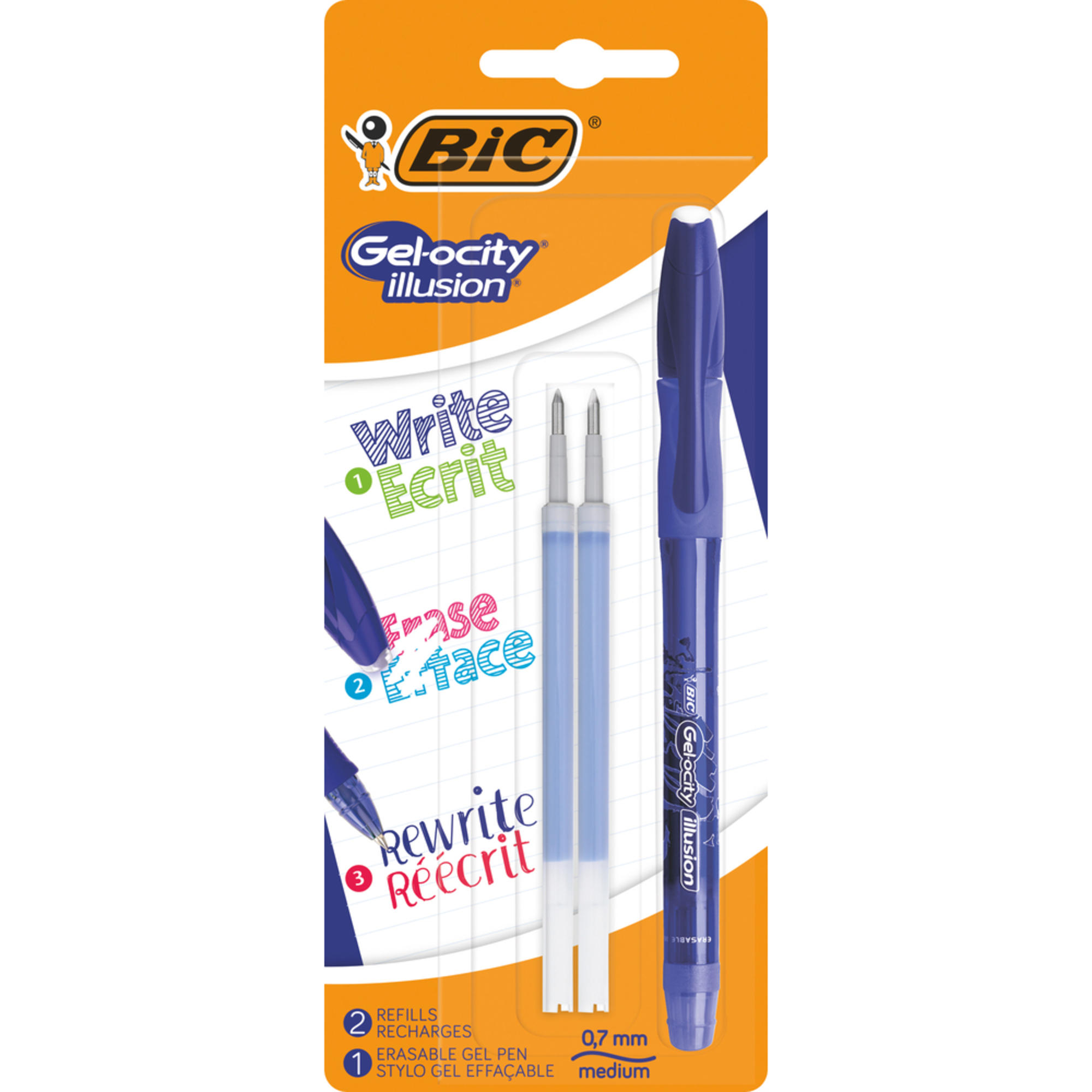 BIC Esferográfica Gel Apagável Gel-ocity® Illusion, Ponta Média 0,7 mm, Azul, com 2 Recargas