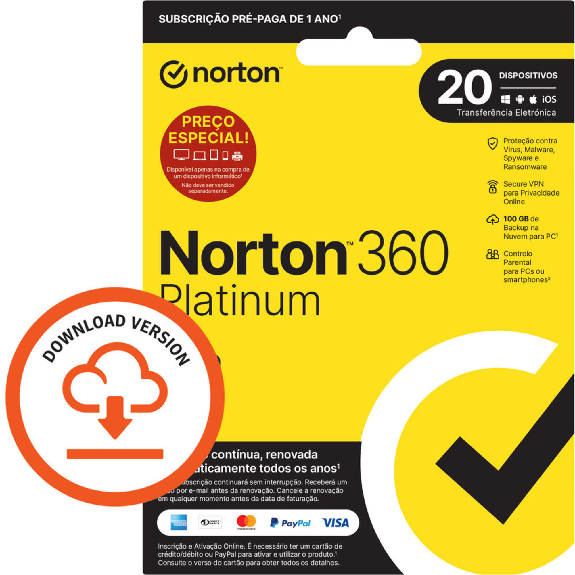 NORTON 360 Platinum, 100 GB, 1 Ano, 1 Pessoa, 20 Dispositivos