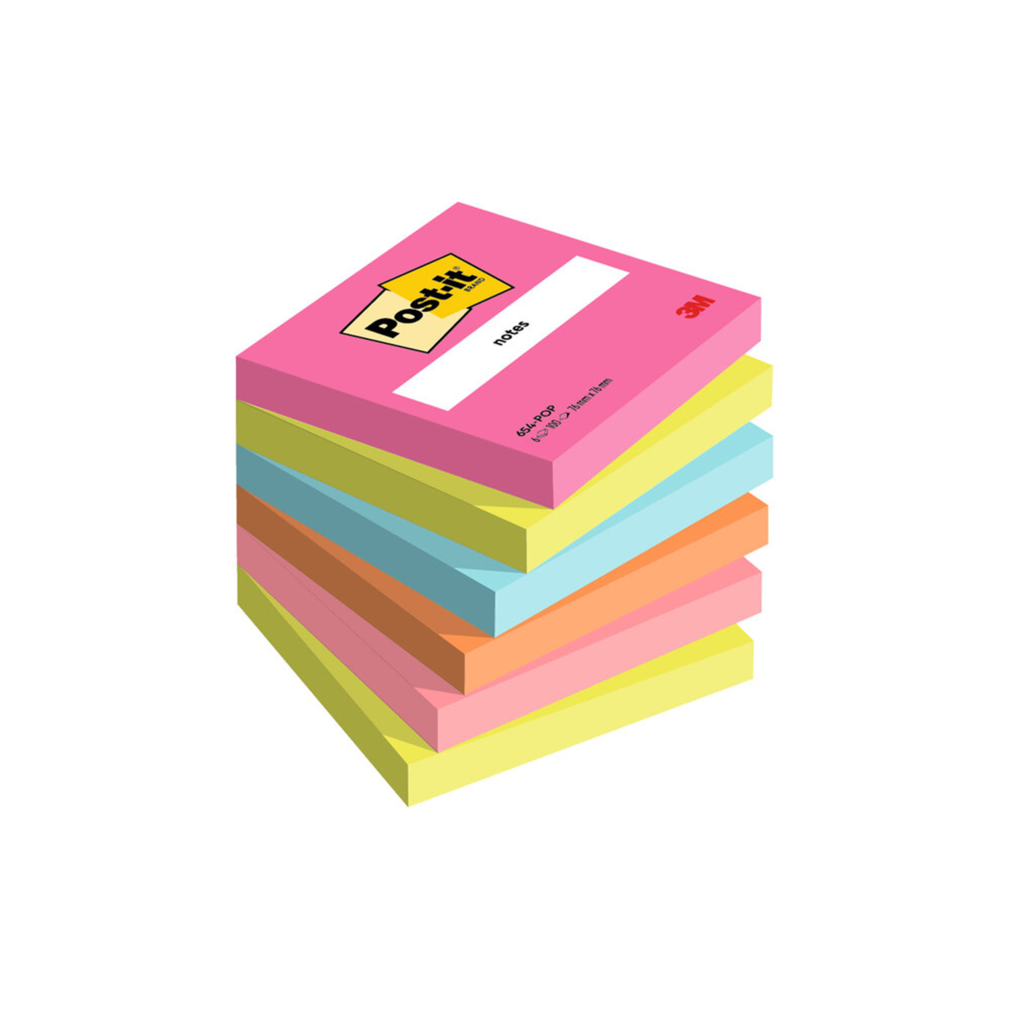 Postit Bloco Notas Aderentes Sticky Pop, 76 x 76 mm, Cores Sortidas