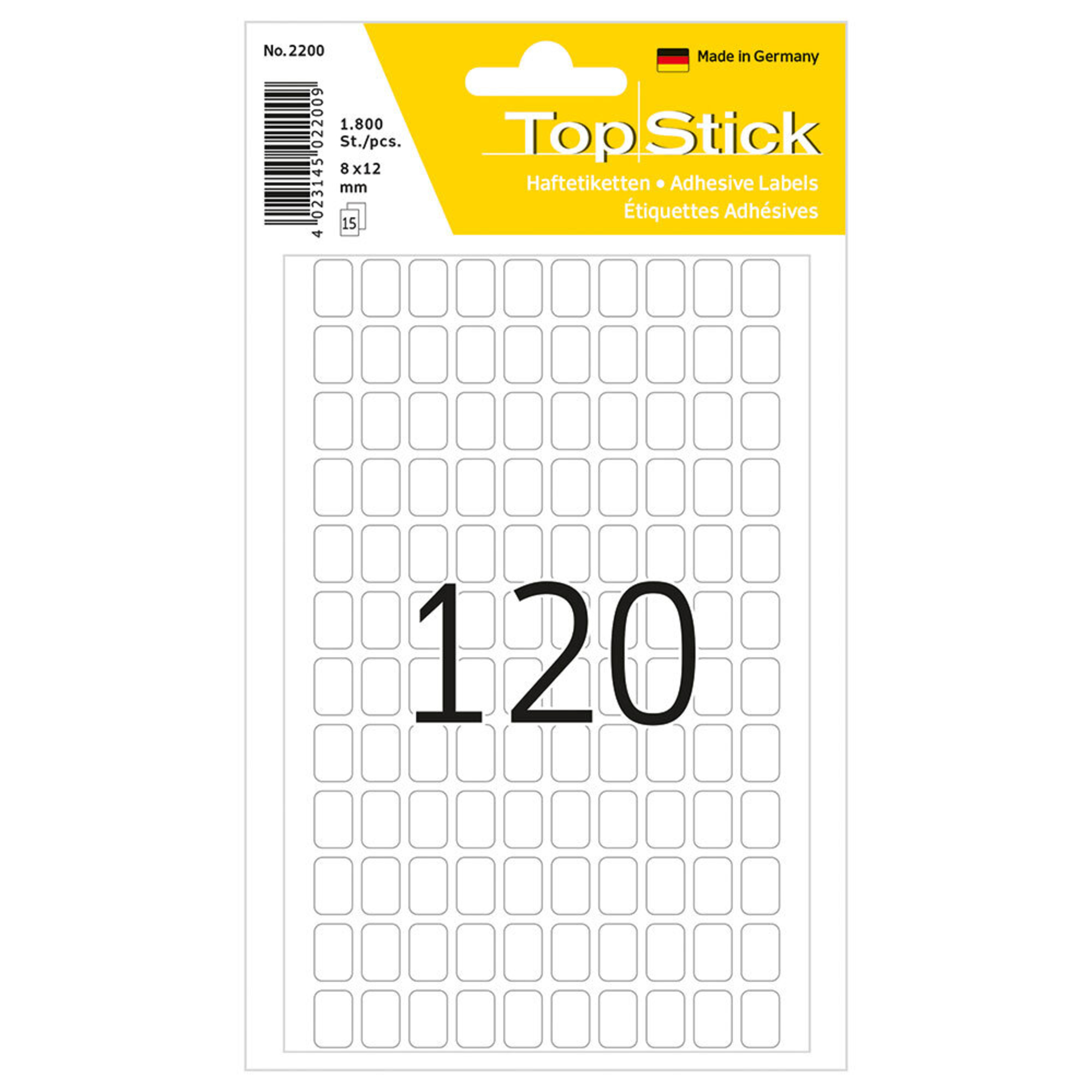 TOPSTICK Etiquetas Multiusos, 120 Etiquetas por Folha, 8 x 12 mm, Branco, 15 Folhas