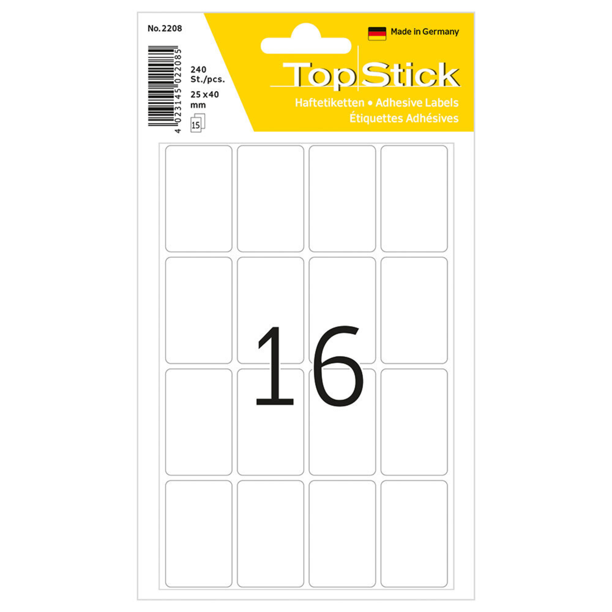TOPSTICK Etiquetas Multiusos, 16 Etiquetas por Folha, 25 x 40 mm, Branco, 15 Folhas