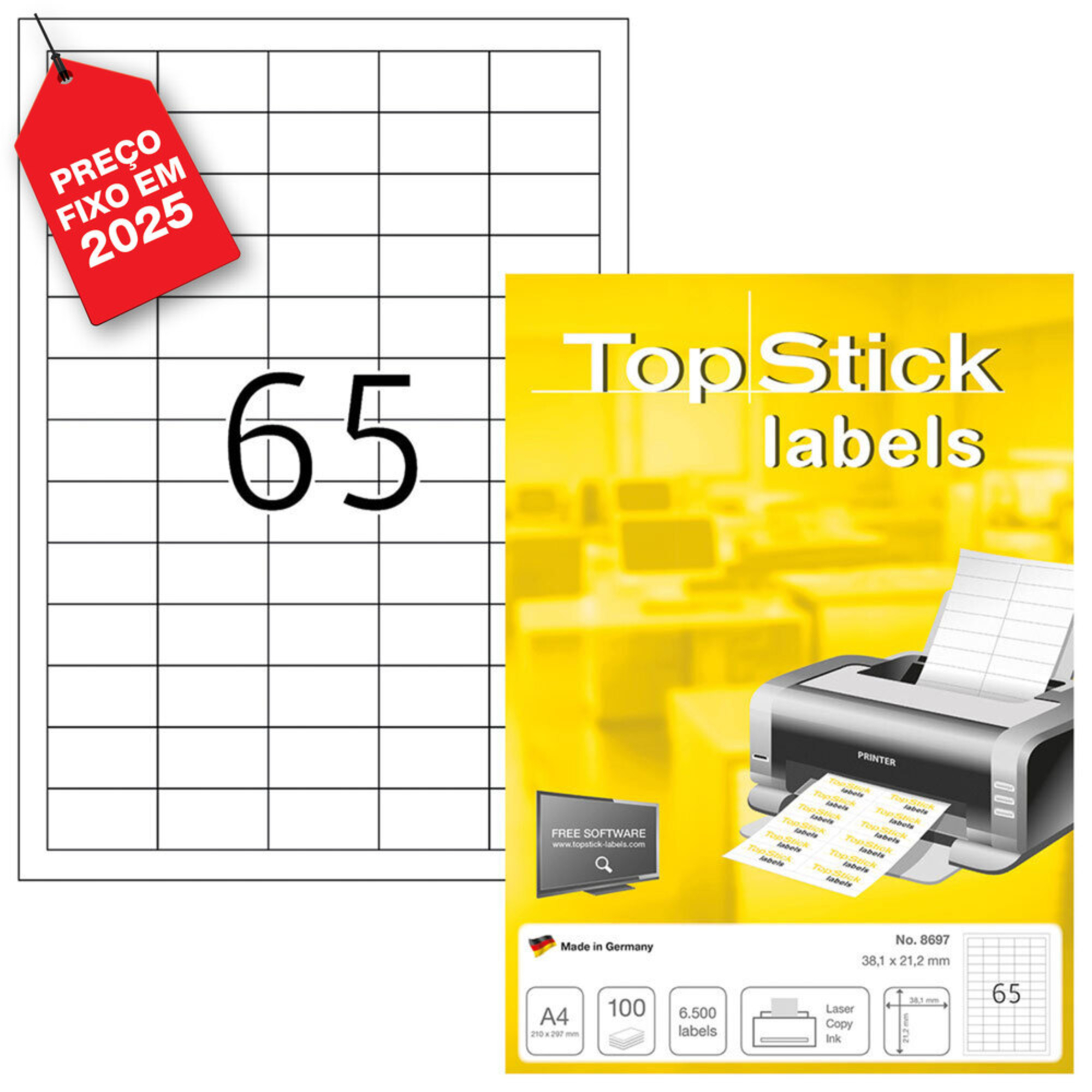 TOPSTICK Etiquetas Multiusos para Impressoras Laser e Jato de Tinta, 65 Etiquetas por Folha, 38,1 x 21,2 mm, Branco, 100 Folhas