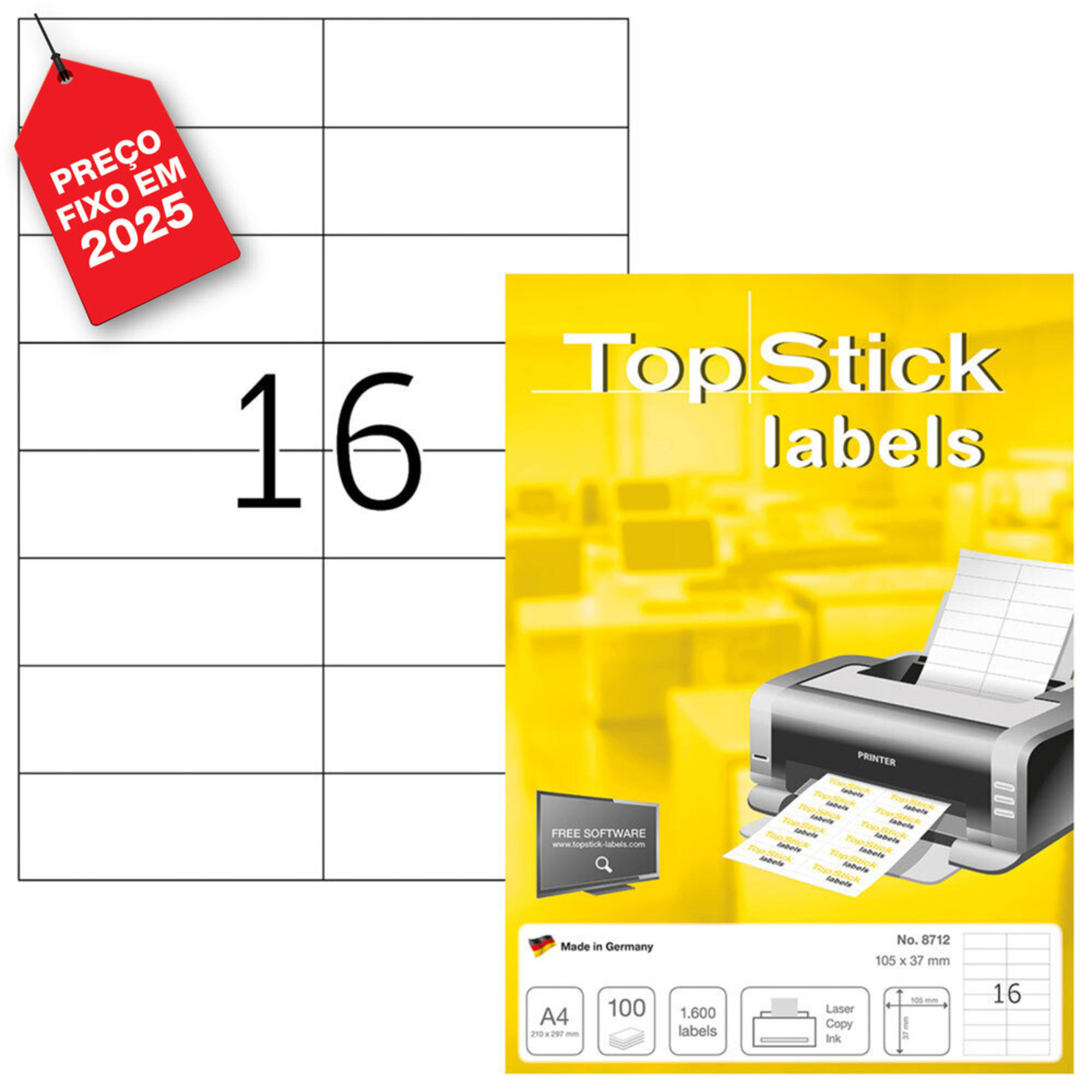 TOPSTICK Etiquetas Multiusos para Impressoras Laser e Jato de Tinta, 16 Etiquetas por Folha, 105 x 37 mm, Branco, 100 Folhas
