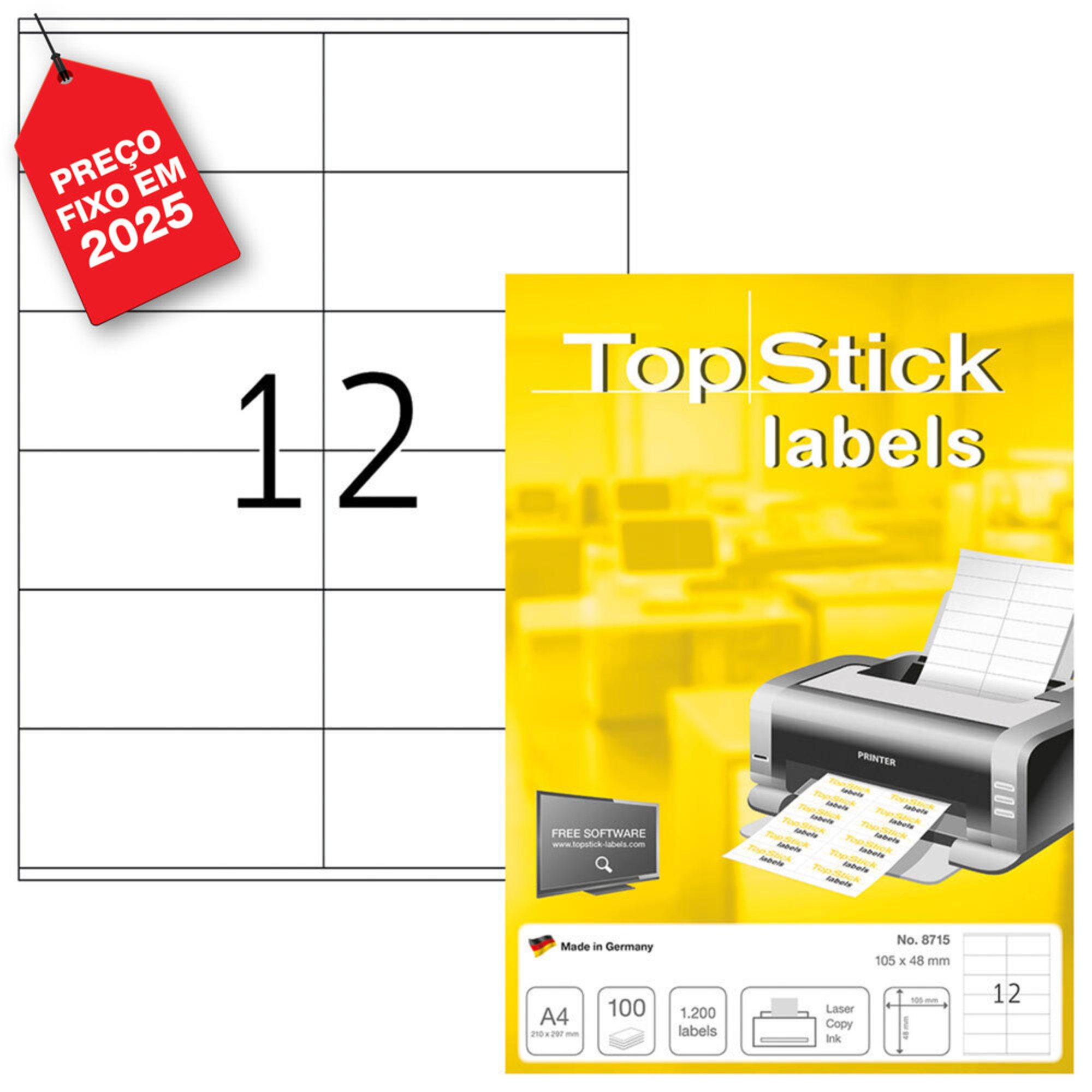 TOPSTICK Etiquetas Multiusos para Impressoras Laser e Jato de Tinta, 12 Etiquetas por Folha, 105 x 48 mm, Branco, 100 Folhas
