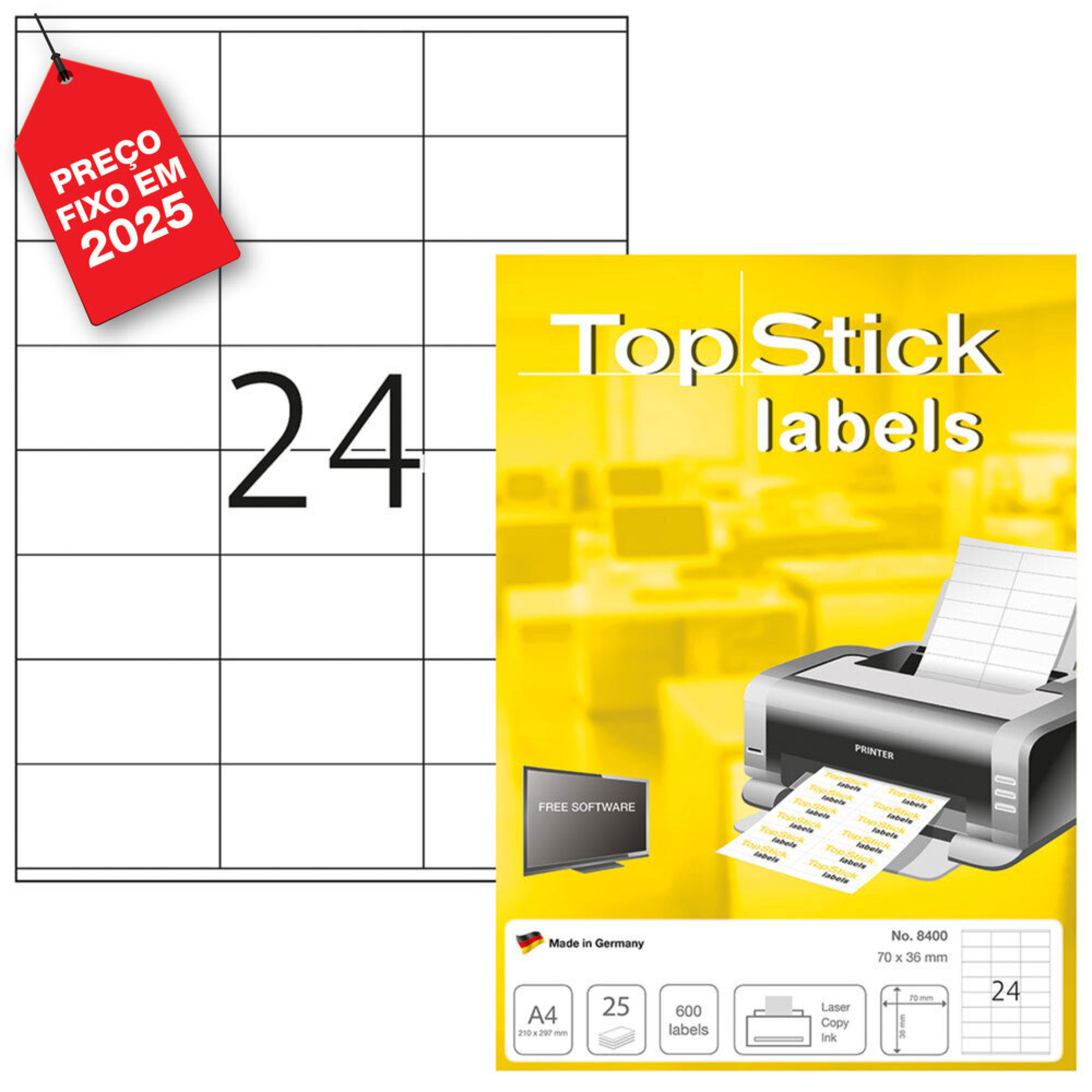 TOPSTICK Etiquetas Multiusos para Impressoras Laser e Jato de Tinta, 24 Etiquetas por Folha, 70 x 36 mm, Branco, 25 Folhas