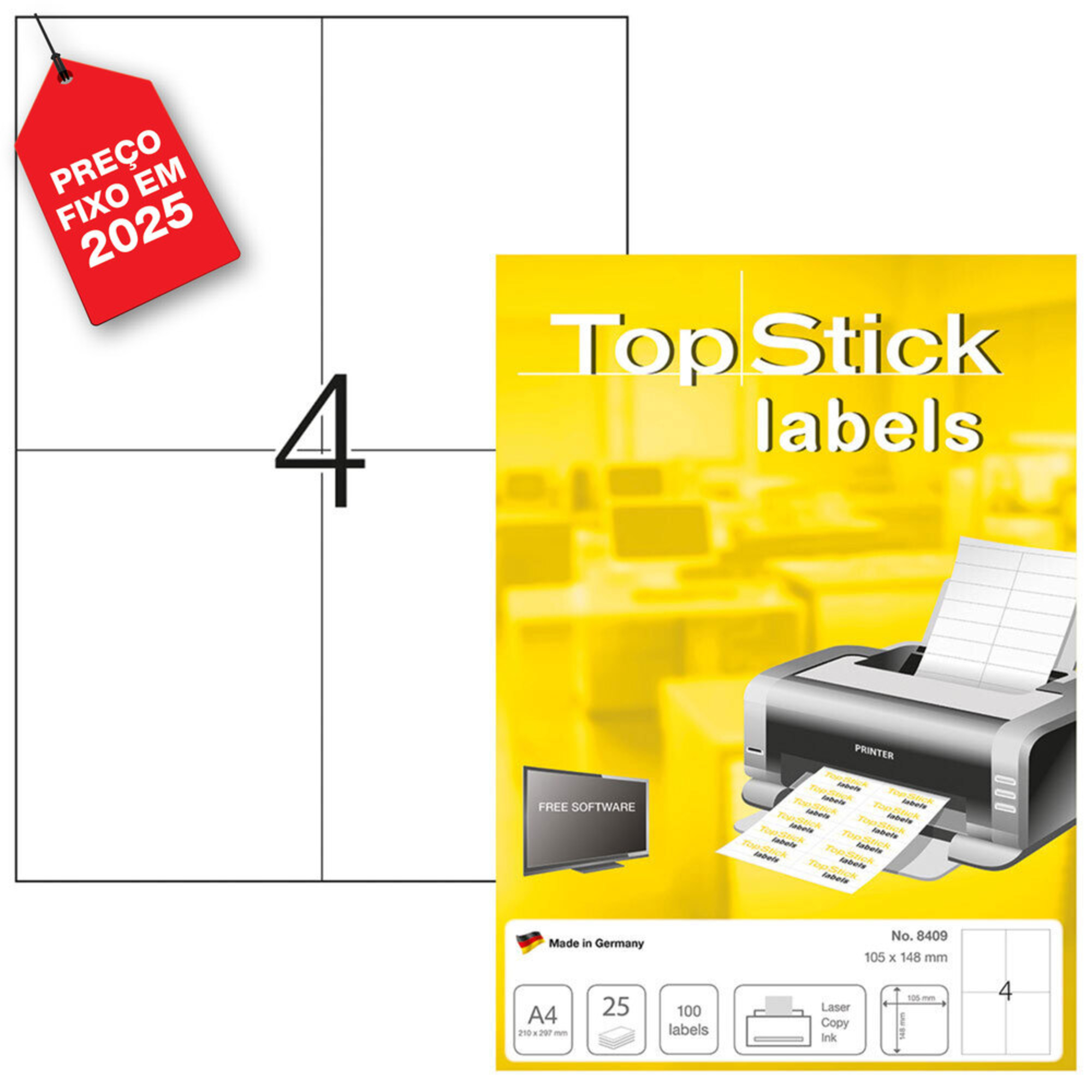 TOPSTICK Etiquetas Multiusos para Impressoras Laser e Jato de Tinta, 4 Etiquetas por Folha, 105 x 148 mm, Branco, 25 Folhas