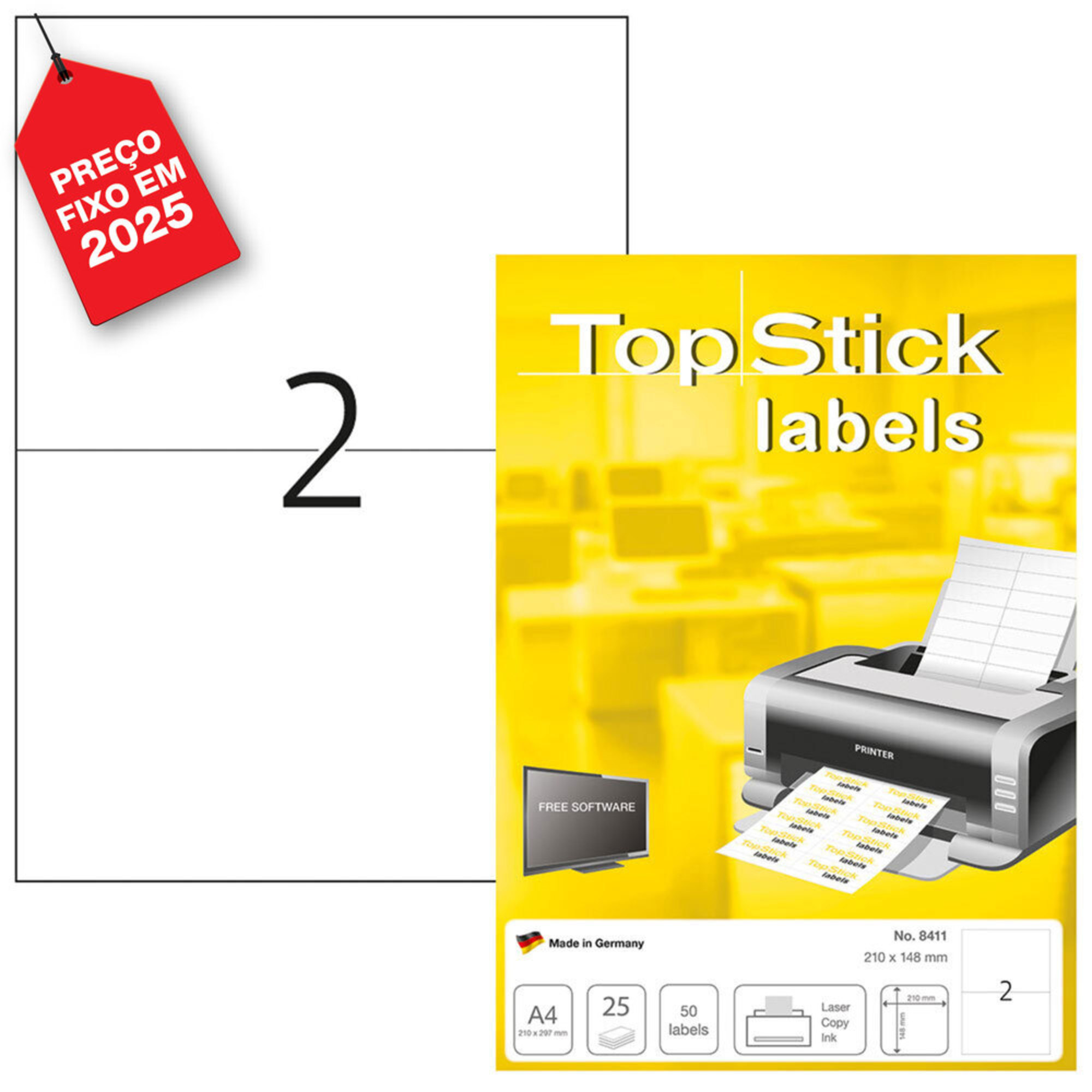TOPSTICK Etiquetas Multiusos para Impressoras Laser e Jato de Tinta, 2 Etiquetas por Folha, 210 x 148 mm, Branco, 25 Folhas