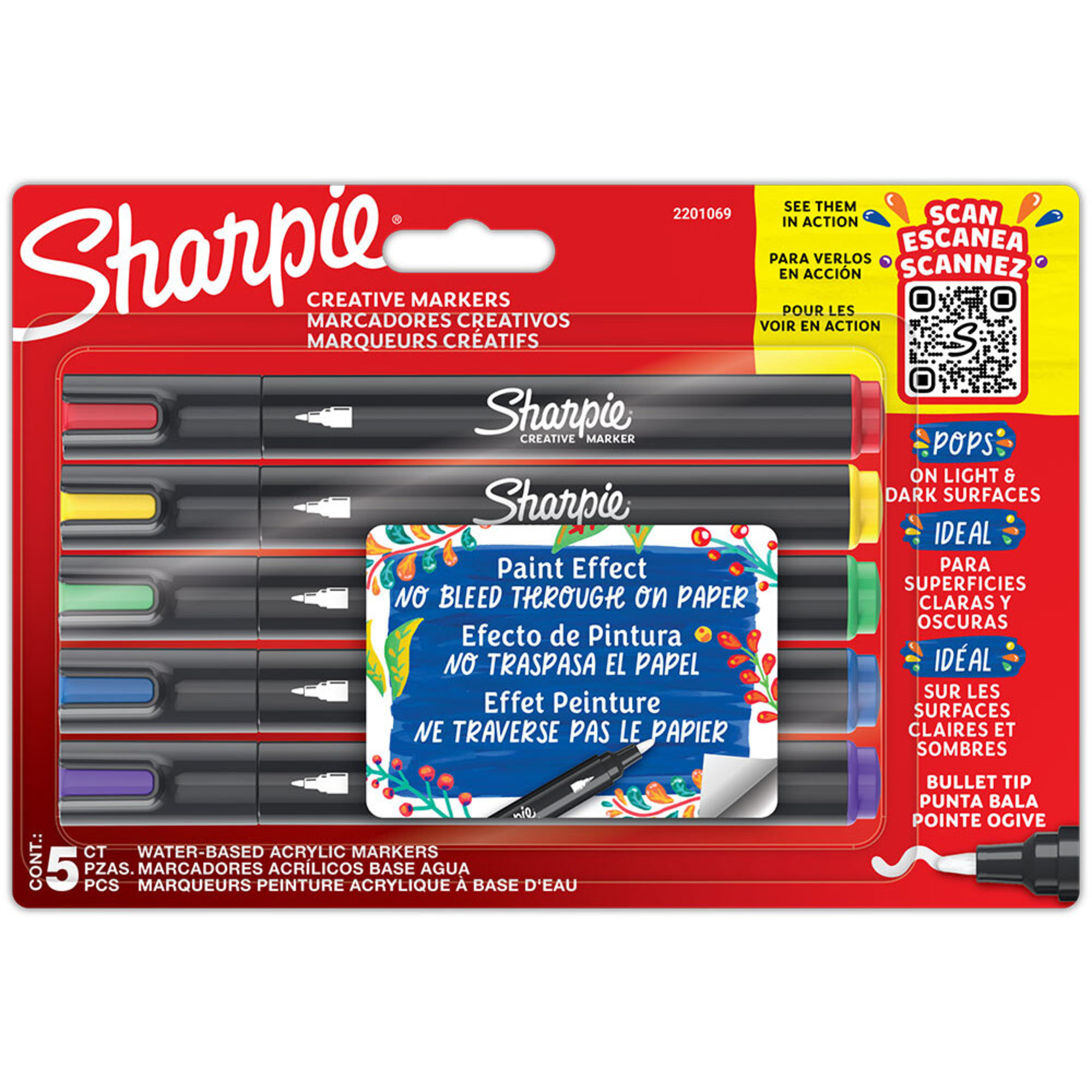 Sharpie Marcador de Acrílico Efeito Pintura, Ponta Bala, 5 Cores Sortidas