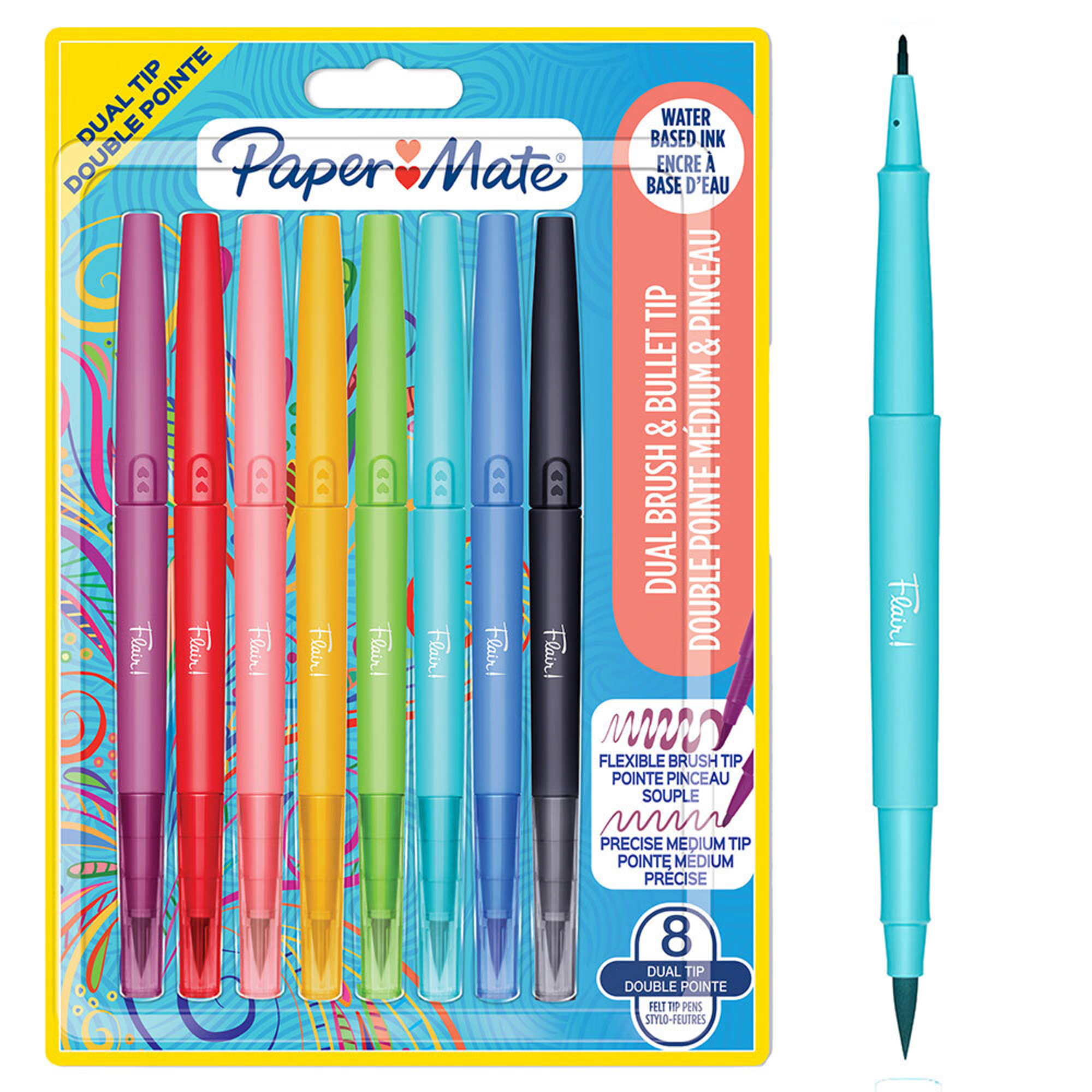 PAPER MATE Marcador Ponta Dupla Flair®, Ponta Pincel e Ponta Média de 0,7 mm, 8 Cores Sortidas