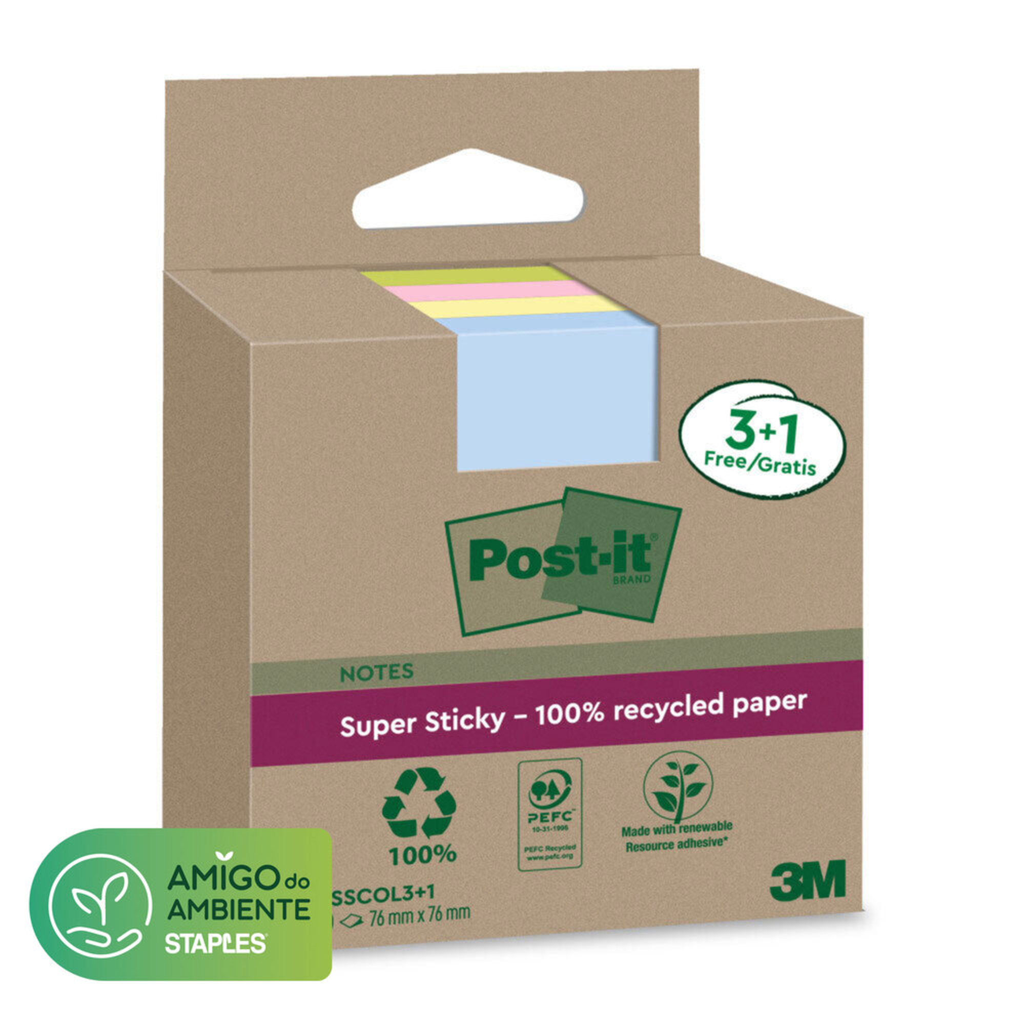 Post-it Bloco Notas Aderentes Super Sticky, 76 x 76 mm, Papel Reciclado, 70 Folhas por Bloco, Cores Sortidas, Pack 3 + 1