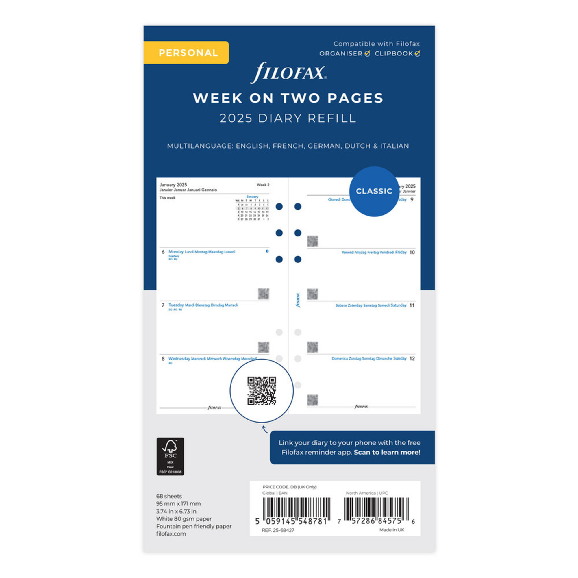 Filofax Recarga Organizador Personal - Multilínguas, 95 x 171 mm, 68 Folhas