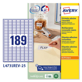 AVERY Etiqueta Removível Multiusos L4731REV™, Autocolantes, 25 Folhas, 189 Etiquetas por Folha, 25,4 x 10 mm, Branco