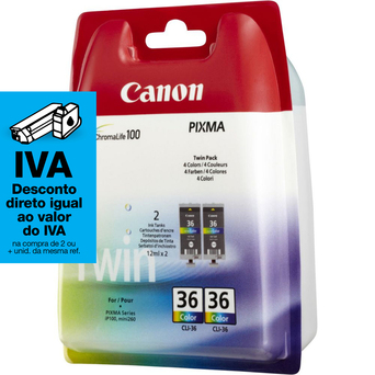 Canon Tinteiro Original CLI-36 com Tinta ChromaLife 100, Cor, Pack 2, 1511B025