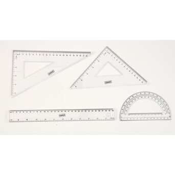 Staples Conjunto de Matemática de 4 Peças com Esquadros de 45° e 60° + Régua de 30 cm/12'' + Transferidor, 180°, Plástico, Transparente
