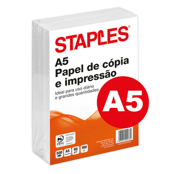 Staples Papel Impressora A5 Multiusos, 80 g/m² Branco, Resma