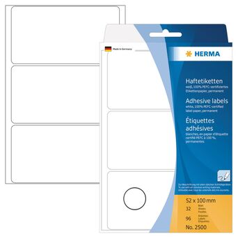 HERMA Etiqueta de Papel Autocolante Permanente, 52 x 100 mm, 32 Folhas, 3 Etiquetas por Folha, Branca