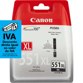 Canon Tinteiro Original CLI-551 BK XL de Alto Rendimento com Tinta ChromaLife 100+, Preto, Individual, 6443B004