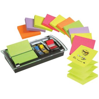 Post-it Dispensador de secretária Millennium Combi Preto, Z-Notes de 76 x 76 mm, Neon Rainbow, 12 x 100 folhas e Marcadores de Índice