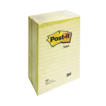 Post-it Bloco Notas Aderentes Pautadas 105 x 152 mm, Amarelo Pastel, Pack 6, 100 Folhas Cada