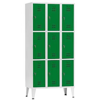 Vestiário 9 Cacifos Sobrepostos, 90 x 190 x 50 cm, Corpo Cinzento, Portas Verdes, Fechadura Tipo 6