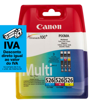 Canon Tinteiro Original CLI-526 Multi com Tinta ChromaLife 100+, Amarelo, Azul Cyan e Magenta, Pack 3, 4541B012