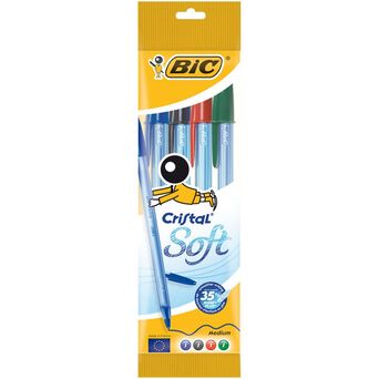 BIC Esferográfica Cristal® Soft, Ponta Média, Corpo Transparente, Tinta de Cores Sortidas: Azul, Preto, Verde e Vermelho