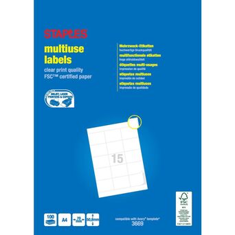 Staples Etiquetas Multiusos, 15 Etiquetas por Folha, 70 mm x 50,8 mm, Branco
