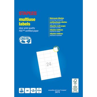 Staples Etiquetas Multiusos, 24 Etiquetas por Folha, 70 mm x 37 mm, Branco