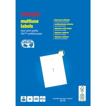 Staples Etiquetas Multiusos, 1 Etiqueta por Folha, 210 mm x 297 mm, Branco