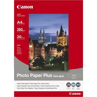 Canon Plus Papel Fotográfico para Jato de Tinta, A4, Semi-Brilhante Acetinado, 245 g/m², Branco, 20 Folhas