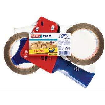tesa Pack Promocional de Fita de Embalagem incluindo Dispensador Manual de Fita Azul e Vermelho + PP Fita de Embalagem Castanha 2 Rolos de 50 mm x 60 m