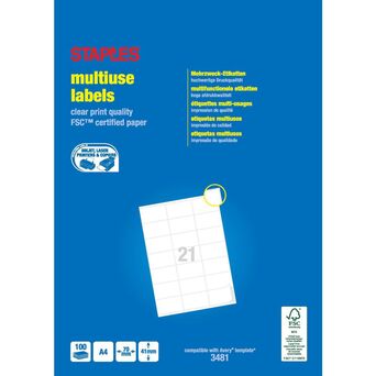 Staples Etiquetas Multiusos, 21 Etiquetas por Folha, 70 mm x 41 mm, Branco
